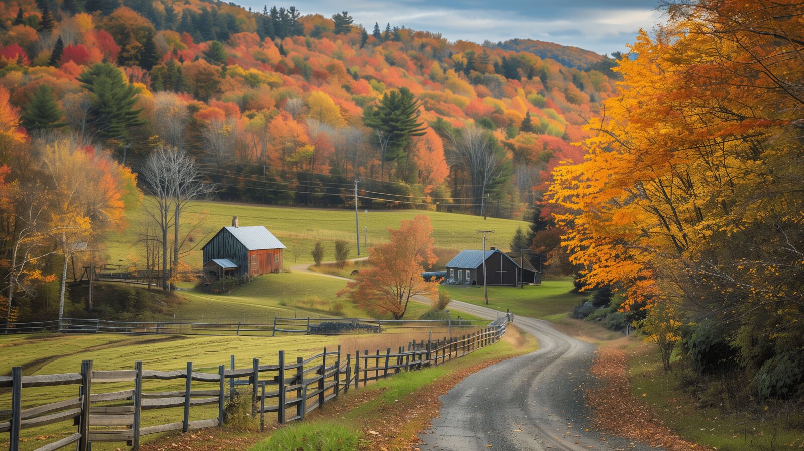 A country road past red barns and fall foliage in Vermont